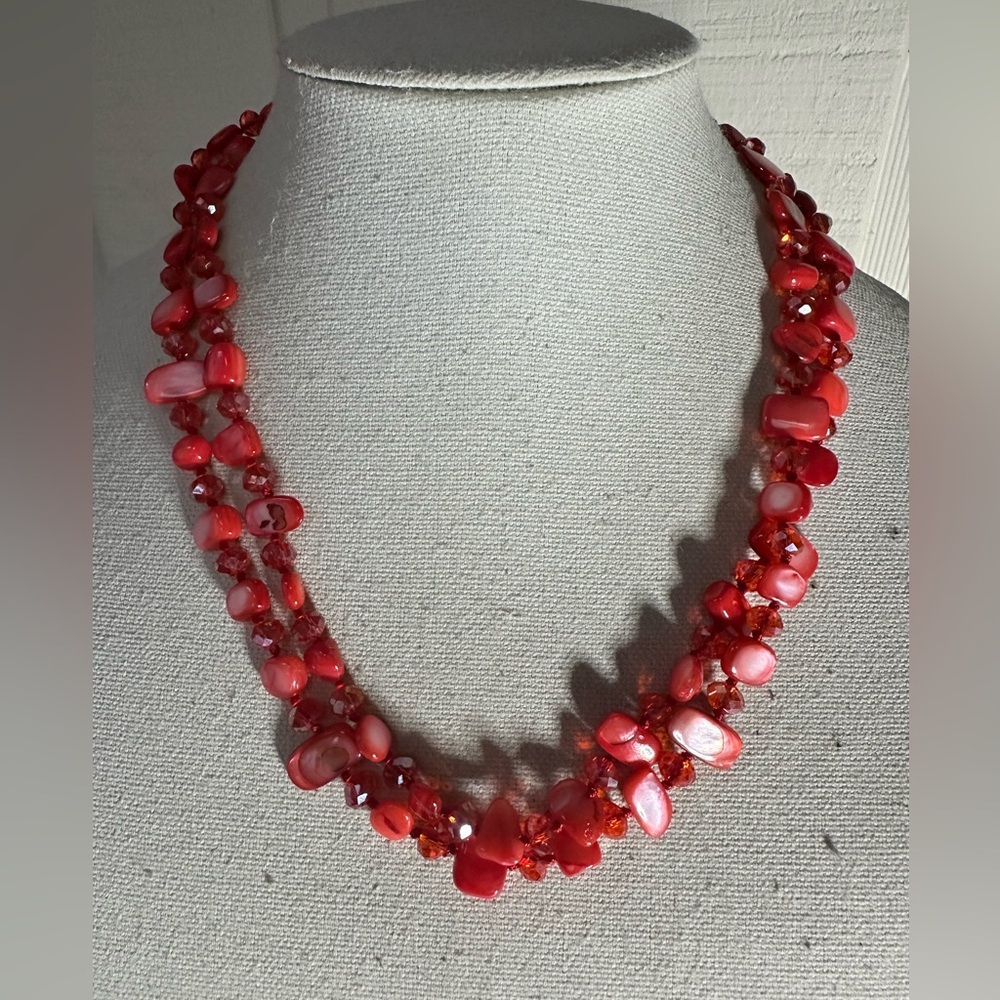 Double strand red shell and faceted bead necklace
